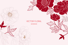 Abstract Red Peony And Gold Light Gradient Lines Background Vector Illustration For Card Invite , Wallpaper.
