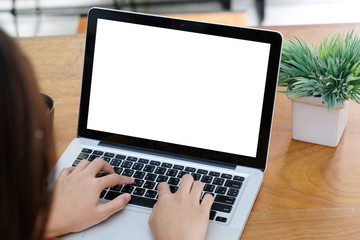 Laptop mock up, Woman hands typing computer with blank screen for template background, Laptop with blank screen backdrop for business, e commerce,  technology , e learning, internet of things