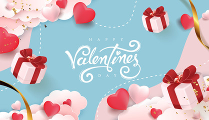 Wall Mural - valentines day background with heart shaped balloons and gift falling. vector illustration.banners.w