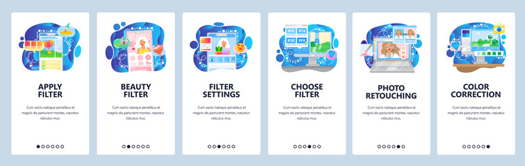 Photo sharing app, filter settings, photo retouch, beauty blog. Mobile app onboarding screens. Menu vector banner template for website and mobile development. Web site design flat illustration