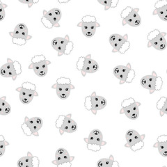 Canvas Print - Seamless pattern of cute hand drawn smiling sheep. Cartoon zoo. Vector illustration. Animal for the design of children's products in scandinavian style.