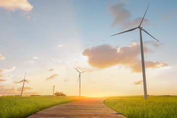 green energy concept. wind turbines and wooden bridges with green field and sunset backgrounds.