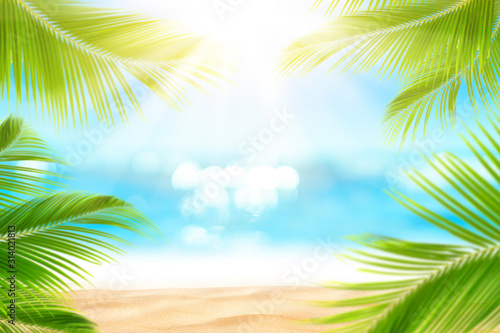 Blur beautiful nature green palm leaf on tropical beach with bokeh sun light ...