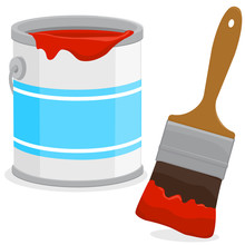 Red Paint Can And A Paint Brush. Vector Illustration