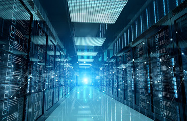 Fototapete - Connection network in servers data center room storage systems 3D rendering