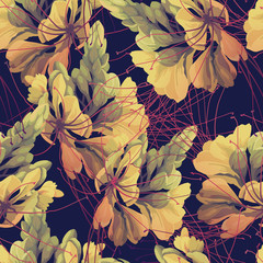 Seamless floral pattern with tropical flowers on dark background. Template design for textiles, interior, clothes, wallpaper. Vector illustration.  Botanical art. 