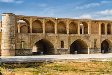 Allahverdi Khan Bridge (Si-o-seh pol), ancient bridge in Isfahan or Esfahan, Iran, Middle East, Asia. River bed is dry because of the dam. The bridge has 23 arches, is 133 meters long, 12 meters wide.