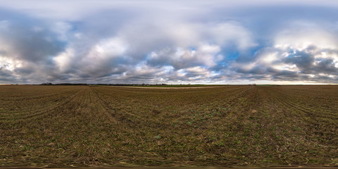 Wall Mural - full seamless spherical hdri panorama 360 degrees angle view among fields in autumn overcast evening  in equirectangular projection with zenith and nadir, ready for VR virtual reality