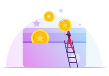 Woman Stand On Ladder Put Golden Coins To Plastic Card. Discount And Loyalty Program Customer Service, Rewards Points And Bonus System To Regular Clients Concept. Cartoon Flat Vector Illustration