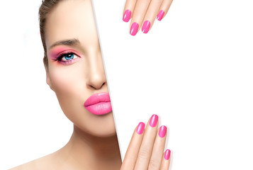 Wall Mural - Beauty Makeup and Nail Art Concept. Beautiful model with bright pink makeup