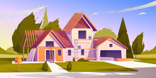 Unfinished House Construction. Vector Cartoon Illustration Of Construction Site, Incomplete Building Of Garage And Home With Wooden Frame Of Roof Beams
