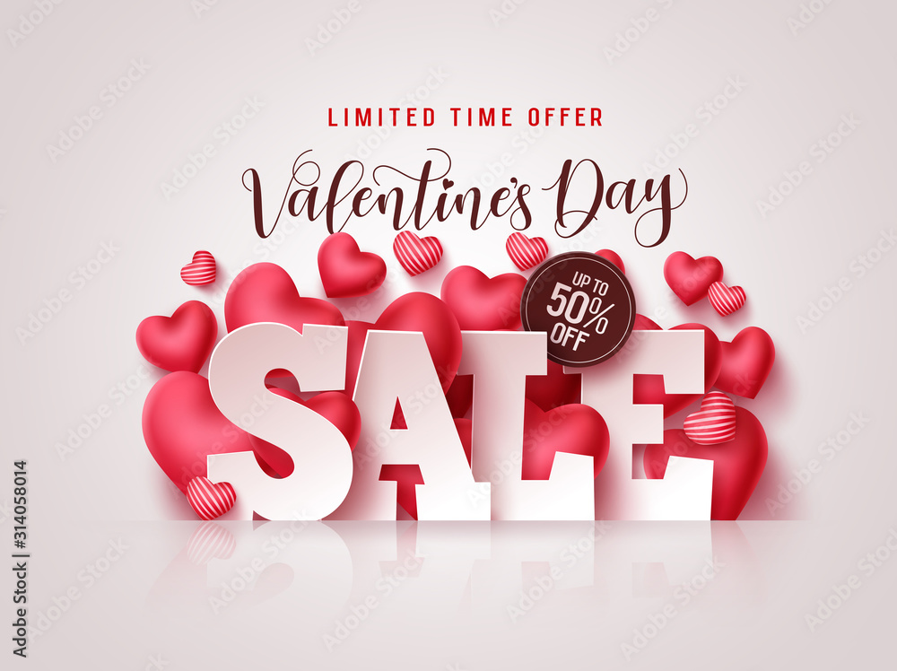 Valentines day sale vector banner. Valentines day sale 3D text with heart shapes elements in white background for discount promotion. Vector illustration. - obrazy, fototapety, plakaty 