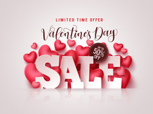 Valentines Day Sale Vector Banner. Valentines Day Sale 3D Text With Heart Shapes Elements In White Background For Discount Promotion. Vector Illustration.