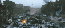 Apocalypse Survivor Concept, Ruins Of A City. Apocalyptic Landscape 3d Render , 3d Illustration Concept	
