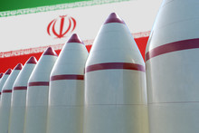 Many Missiles Ready For Launch. Iran Flag In Background. 3D Rendered Illustration.