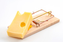 Vermin And Pest Control Conceptual Idea Mouse Trap Used To Catch A Mouse With Cheese As Bait Isolated On White Background