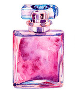 Hand Drawn Watercolor Bottle Of Perfume Painted In Pink And Blue Tones