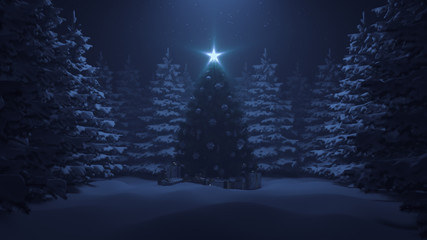 Wall Mural - 3d render Christmas tree with a shining star and a garland in the forest with falling snow