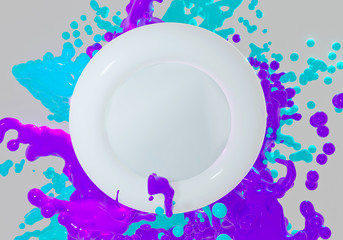 Wall Mural - Round circle prepared for text with abstract colorful splash in blue and violet color. 3D illustration