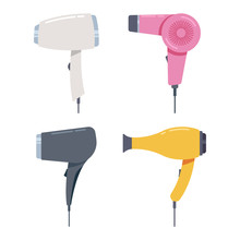 Hair Dryer Vector Cartoon Illustration Set Isolated On A White Background.