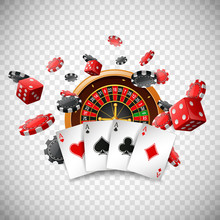 Casino Roulette Wheel With Chips Poker, Playing Cards And Red Dice On Isolated Transparent Background. Vector Illustration