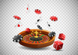 Casino roulette wheel with chips poker, playing cards and red dice on isolated transparent background. Vector illustration 
