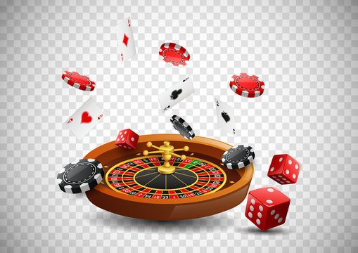 casino roulette wheel with chips poker, playing cards and red dice on isolated transparent backgroun