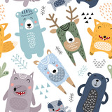 Colorful seamless pattern with cute forest animals in Scandinavian style. Vector Illustration. Great for baby clothes, greeting card, wrapping paper. Bear, badger, llama, fox, wolf, deer.