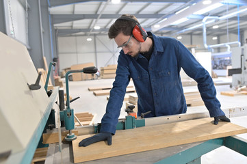 Apprentice working wood in carpentry workshop