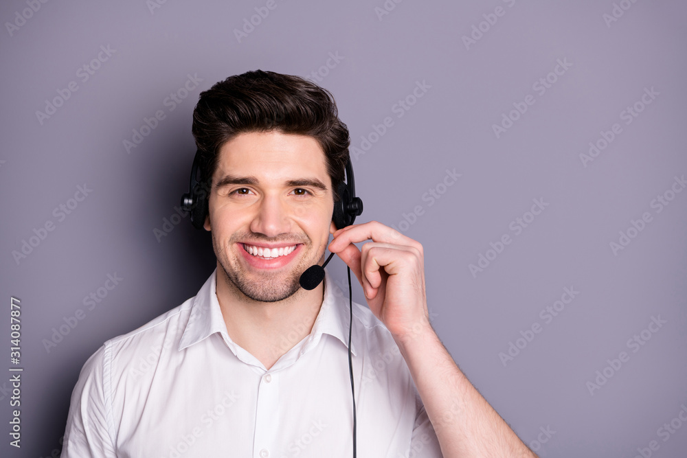 Portrait of smart confident call center worker man wear earphones can help customers clients wear formalwear clothing isolated over grey color background - obrazy, fototapety, plakaty 