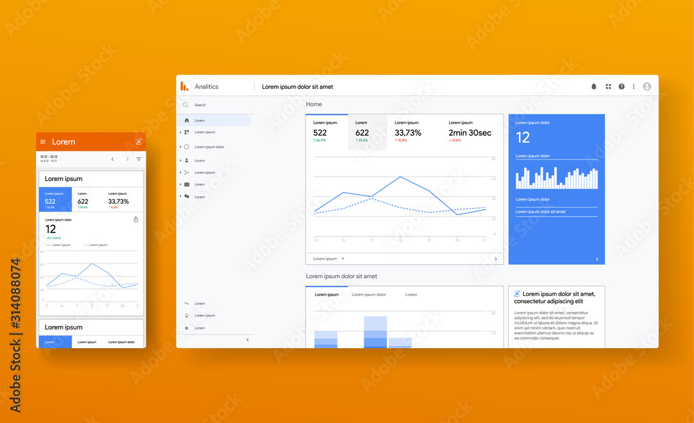 Responsive page of Google analytics profile. Infographic app and website mock up. Work flow and chart template. Ads analisis. Editorial statistics. Vector illustration. - obrazy, fototapety, plakaty 