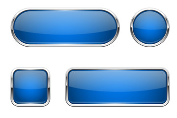 Wall Mural - web buttons. blue shiny icons with chrome frame