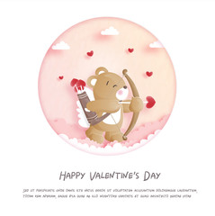 Wall Mural - Valentines card with cute teddy bear in paper cut style vector illustration.