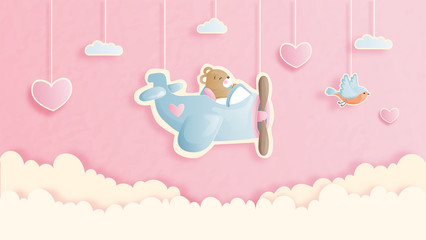 valentines card with cute teddy bear in paper cut style vector illustration.
