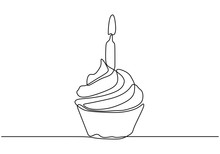 Continuous One Line Drawing Of Cupcake With Candle
