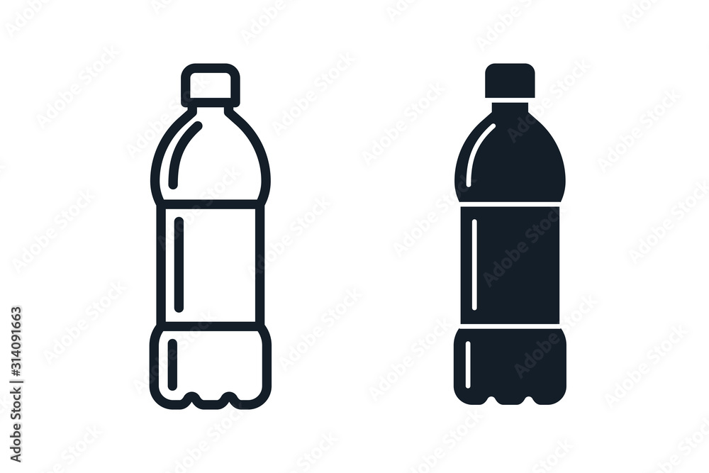 Plastic bottle black icon set. Vector flat style sign illustration - obrazy, fototapety, plakaty 