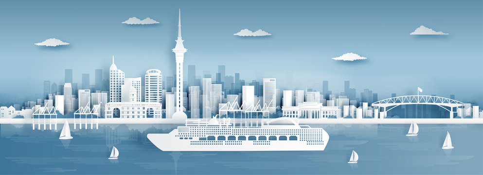 panorama view of auckland city skyline with world famous landmarks in paper cut style vector illustr