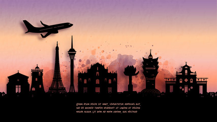 Fototapete - Watercolor of Macau, China silhouette skyline and famous landmark. vector illustration.