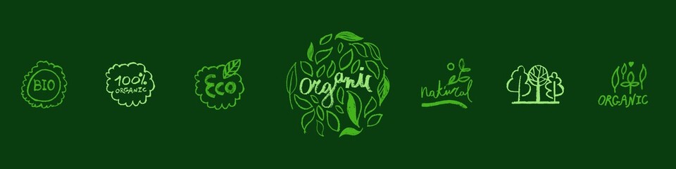 Wall Mural - Organic food labels. Natural healthy fresh diet products icons. Green premium vegan badges. Hand lettering. Trendy vector logo for ethical agriculture, bio concept, natural cosmetics, local market.