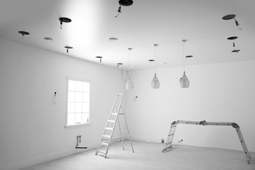 Canvas Print - Empty room with stretch ceiling and ladders