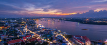 Night Cityscapes, High Angle View Of The Chao Phraya River Importance Transportation Of Bangkok, Thailand