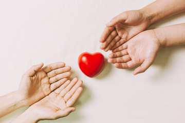 Wall Mural - Hands couple holding red hearts, love, valentine, health care, donation and family insurance concepts, World Heart Day, prayer together.