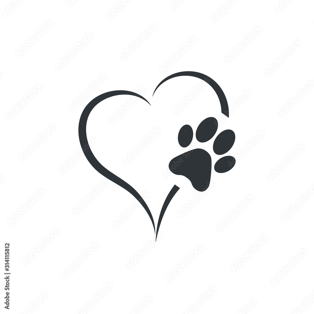 Animal love symbol paw print with heart, isolated vector Stock