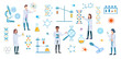 © Rudzhan - Set of DNA and medical science researchers, microbiologists or chemists in white lab coats with assorted scientific and atomic symbols and equipment conducting experiments, vector illustration
