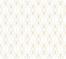 Gold pattern. Vector geometric lines seamless texture. Golden ornament with delicate grid, lattice, net, hexagons, triangles, rhombuses, thin cross lines. Luxury abstract repeatable graphic background