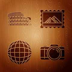 Sticker - Set Photo camera, Coliseum in Rome, Italy, Earth globe and Postal stamp and Egypt pyramids on wooden background. Vector