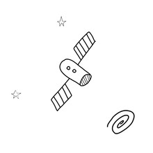 Cute Drawing Of A Space Satellite In Doodle Style. Illustration On The Theme Of Space Exploration, The Study Of Planets, The Search For Other Galaxies