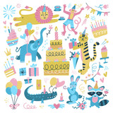 Fototapeta Dinusie - Happy birthday party. Children themed party with cute animals: little bunny, lion in party hat, monkey, elephant, raccoon, crocodile, party cake, balloons, tiger with gift.Flat vector illustration set