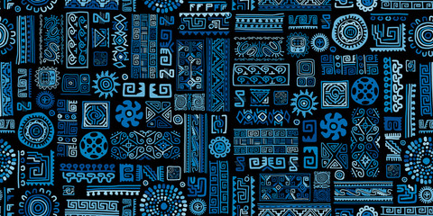 Papier Peint - Ethnic blue handmade ornament, seamless pattern