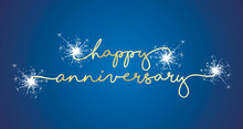 Happy Anniversary Handwritten Typography Sparkle Firework Line Design Gold Blue Background